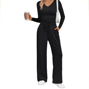 Women's Black Wide-Leg Pants Set X-Large Drawstring With Pockets
